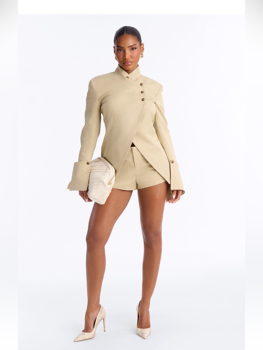 Fashion Nova Asymmetric Button-Front Blazer in Beige
